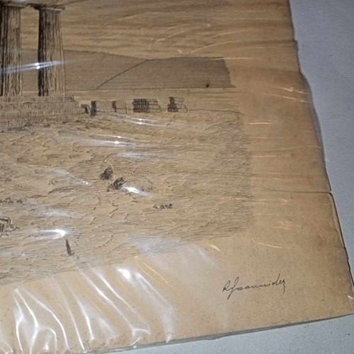 Rare Pencil Drawing Ioannidis Renos Acropolis