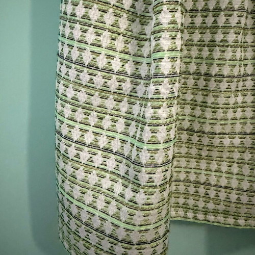BO2 sleeveless A-line dress with green geometric brocade pattern