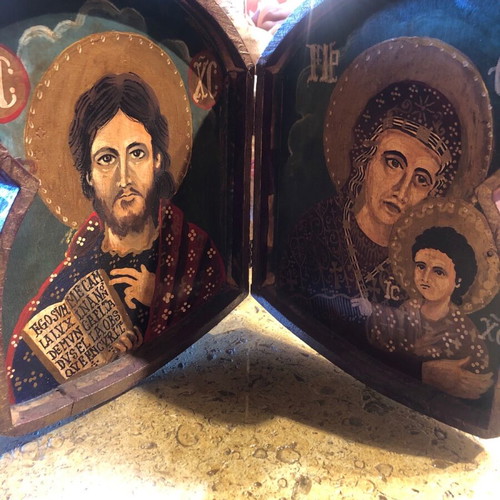 Diptych icon with Jesus Christ and Virgin Mary holding child