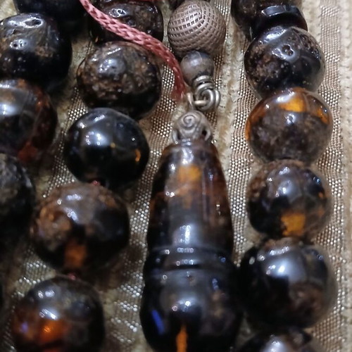 Amber Worry Beads used, Baltic amber, silver elements, 33 beads