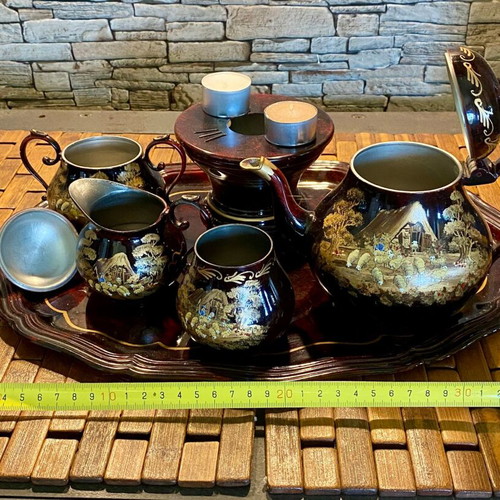 Vintage tea party set used, tin, hand-painted, Holland