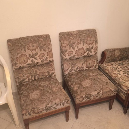 Velvet sofa set with 4 armchairs and 3 tables, carved beech wood
