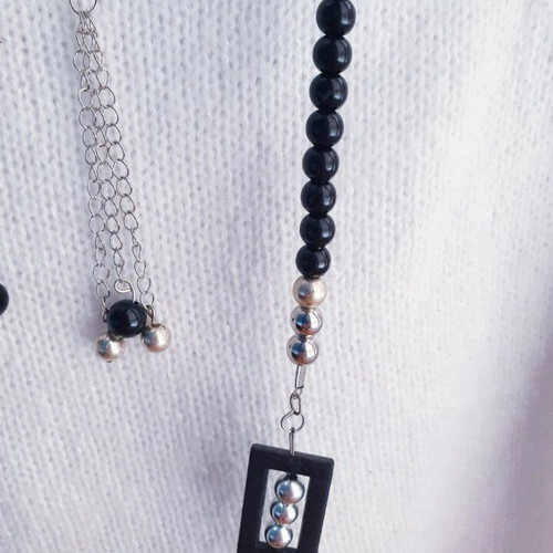 Handmade black beaded long necklace and earrings set