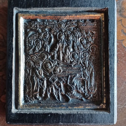 Wooden micro-icon with silver Dormition depiction