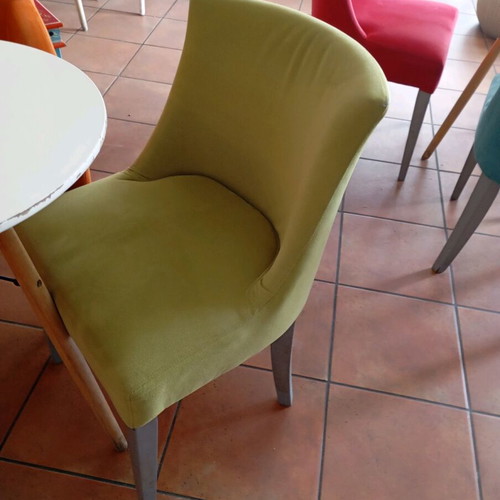 Fabric chairs used, 6 pcs, 2 small tables and 4 handmade painted wooden tables