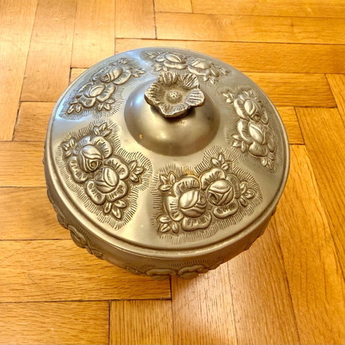 Vintage metal bowl with lid and base used, embossed floral design