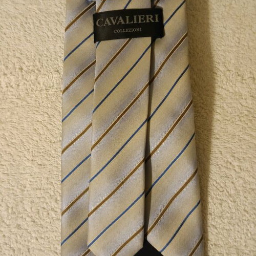 Cavalieri men's tie new, light blue with blue and brown stripes, 100% silk
