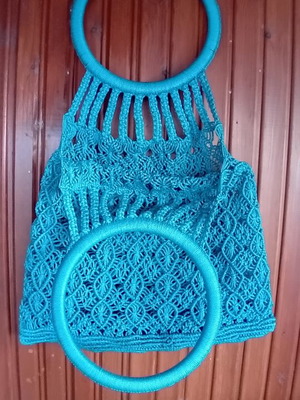 Macrame woven bag handmade, turquoise, like new