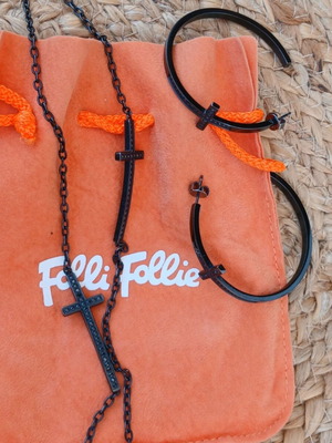 Folli Follie necklace and hoop earrings set, black steel and zircon