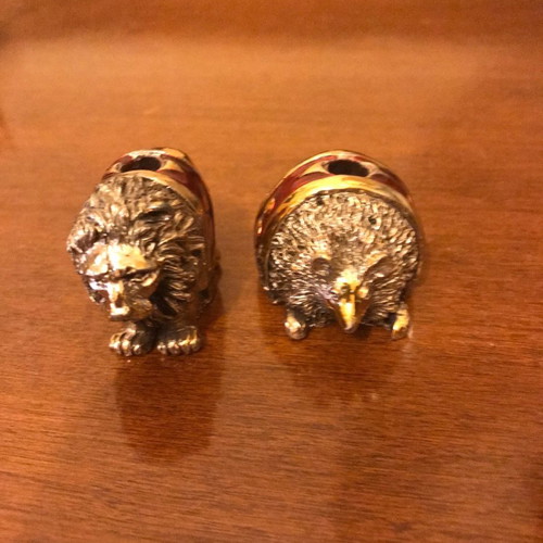 Hedgehog and lion set used, miniature enamel figurines