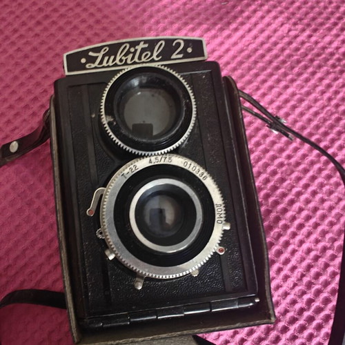 Lubitel 2 camera used with original case and Greek instructions