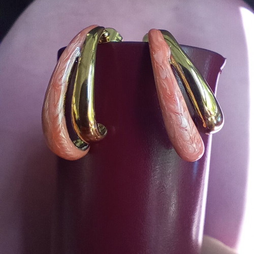Women's earrings new, steel with coral and gold enamel