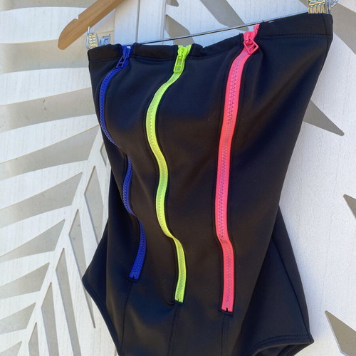SugarFree one-piece swimsuit like new, black with colorful zippers, strapless
