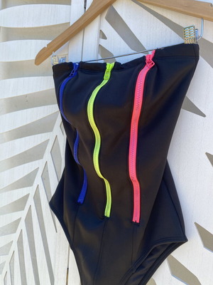 SugarFree one-piece swimsuit like new, black with colorful zippers, strapless