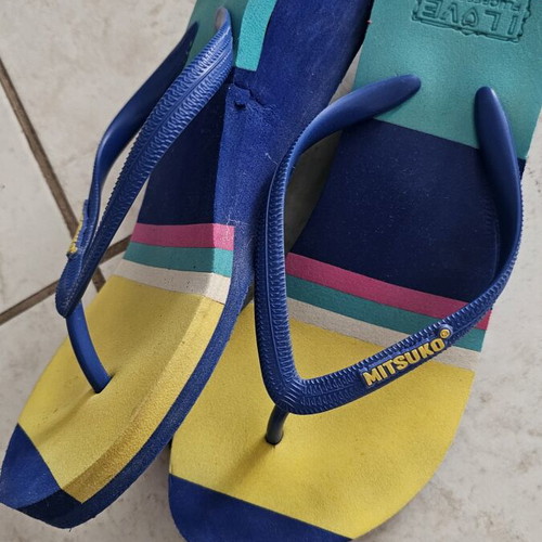 Mitsuko flip flops used, size 39, blue and yellow