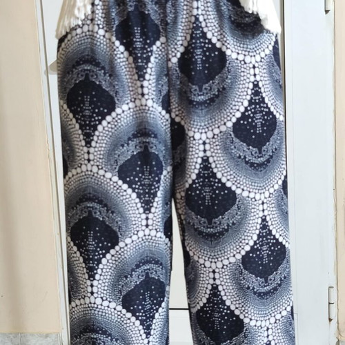 Swim fabric palazzo pants like new, dark blue-white, size M-L