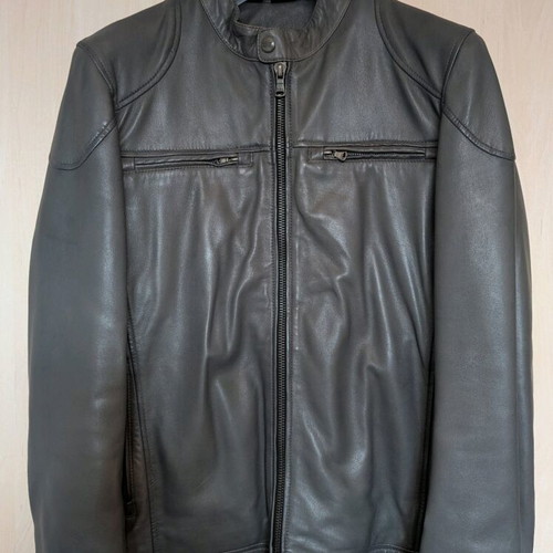 Navy & Green leather men's jacket with detachable hood, like new, medium
