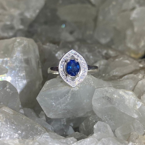 Handmade silver ring with natural blue sapphire and moissanites, size 10