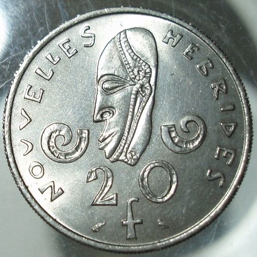 20 Francs 1967 coin used, French Polynesia and Vanuatu