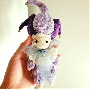 Handmade crochet jester stuffed toy