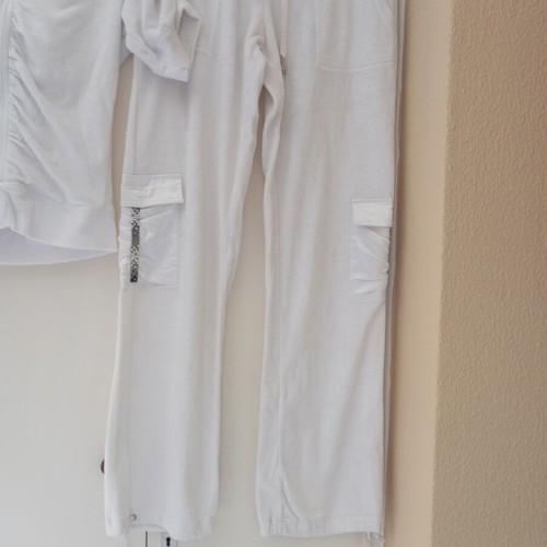 White terry cloth tracksuit with satin pockets and rhinestones, Myoom