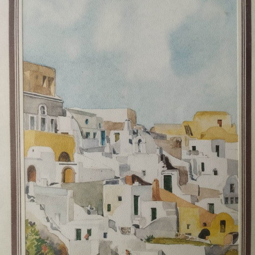 Original Santorini Lithograph signed by Simitis, like new, framed 26×20 cm