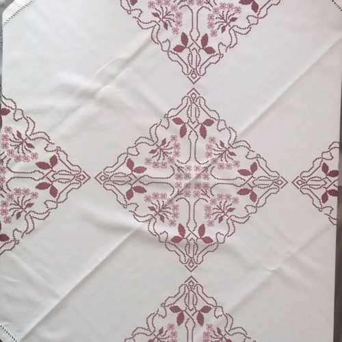 Embroidered tablecloth in white etimina with burgundy and pink shades, new