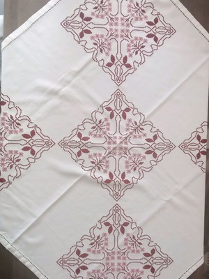 Embroidered tablecloth in white etimina with burgundy and pink shades, new