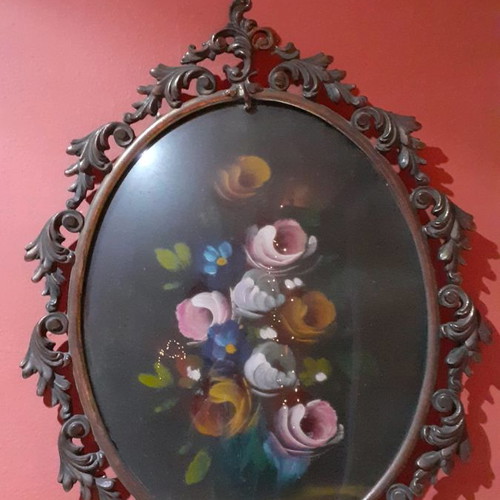 Vintage painting with carved bronze frame used