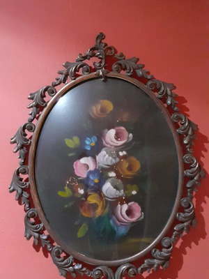 Vintage painting with carved bronze frame used