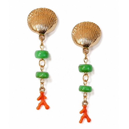 Handmade Long Earrings with Metal Shell, Coral Beads, and Steel Studs