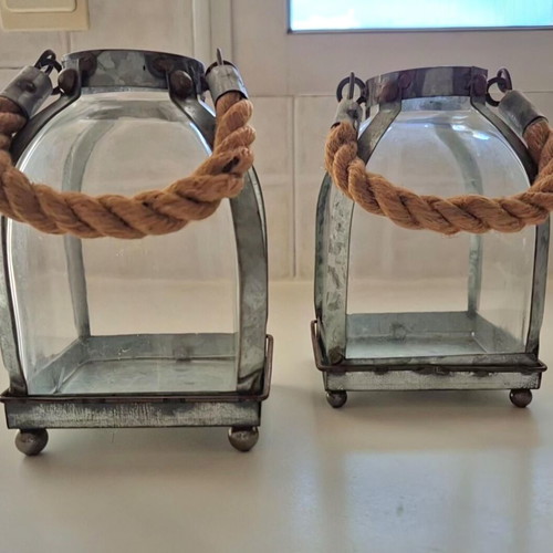 Two lanterns galvanized metal with rope, like new, 10x10cm