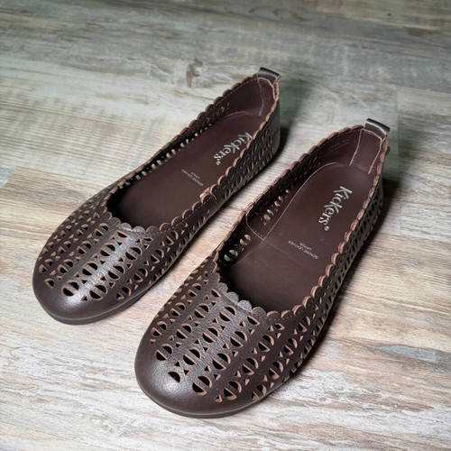 Kickers leather ballet flats brown perforated slip-on shoes EU 37