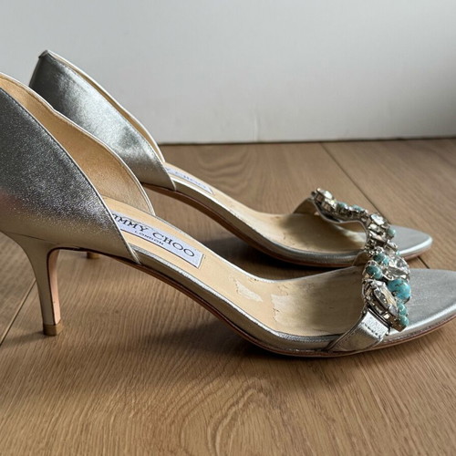 Jimmy Choo Lotus silver leather crystal shoes used size 38.5