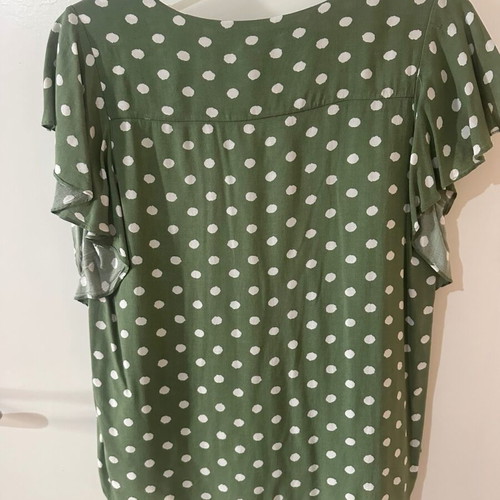Enjoy khaki polka dot blouse with ruffle sleeves