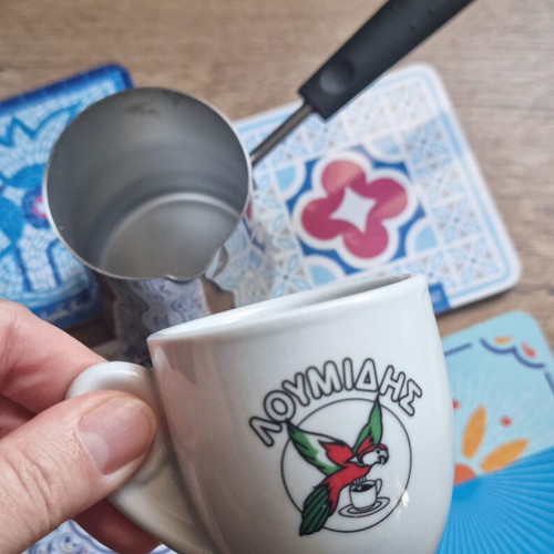 Loumidis set with stainless steel briki, coffee cup and coasters