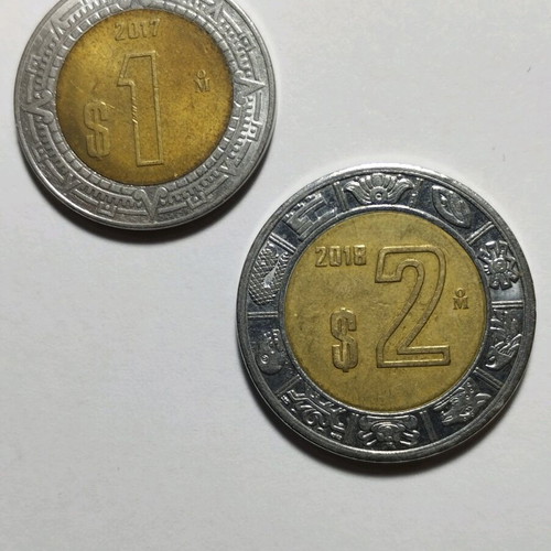 Mexican bimetallic coins used 1 Peso 2017 and 2 Pesos 2018