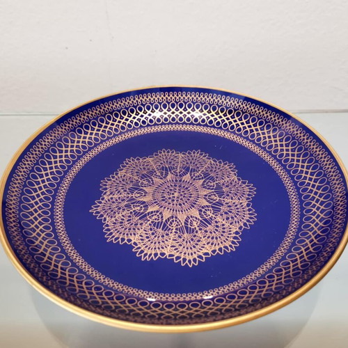 Glass decorative plate used, vintage blue with gold designs