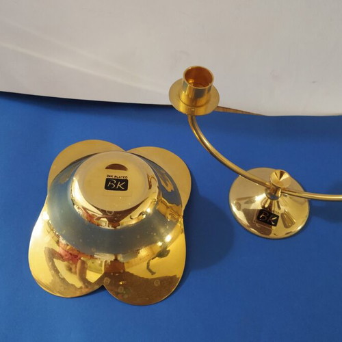Vintage gold color double candle holder and decorative bowl set