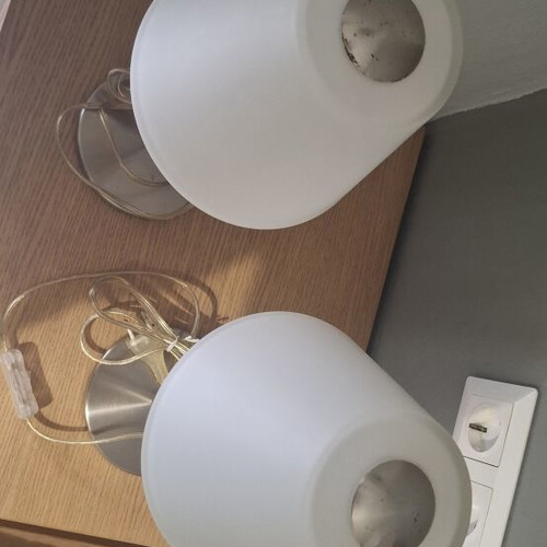Viokef table lamps like new, white glass and inox, height 42 cm