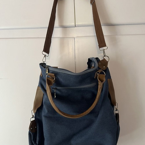Vintage-style canvas tote bag shoulder, new, white and blue