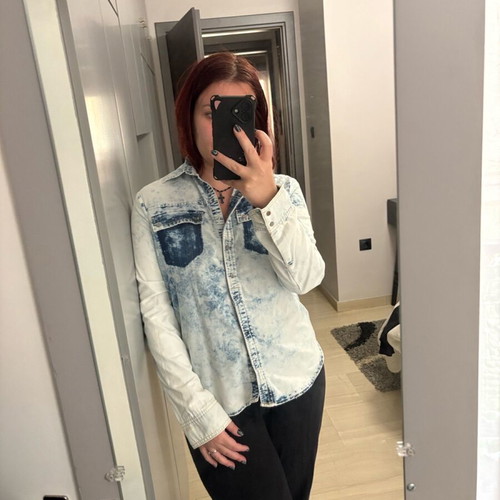 Bershka Denim Shirt Medium Acid Wash Blue/White like new