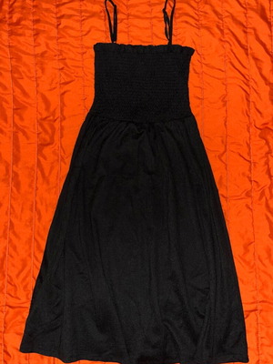 Bershka Black Midi Dress with Thin Straps and Flowy Skirt