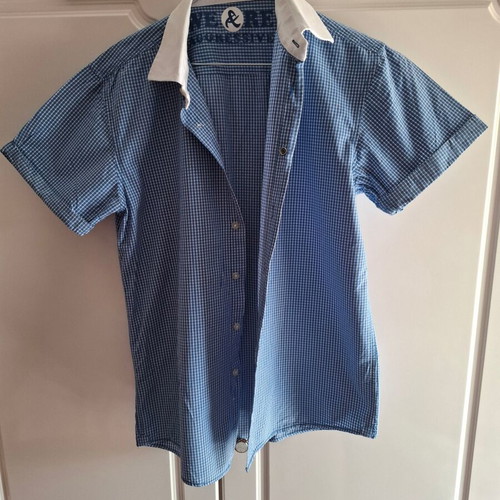 Aggressive men's short-sleeve checked shirt size M like new blue white