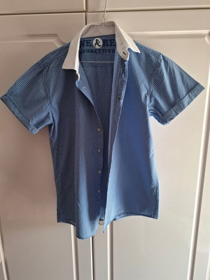 Aggressive men's short-sleeve checked shirt size M like new blue white