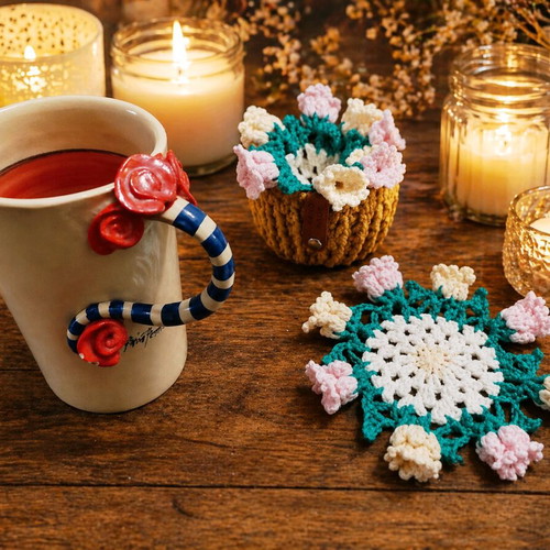 Handmade Crochet Flower Pot with Coasters 100% Cotton