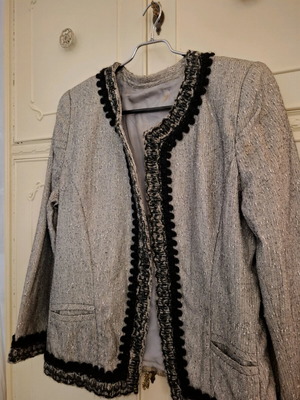 Chanel style jacket used, grey with metallic thread, size L