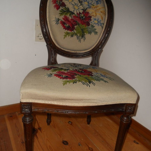 Pair of embroidered carved chairs used, vintage