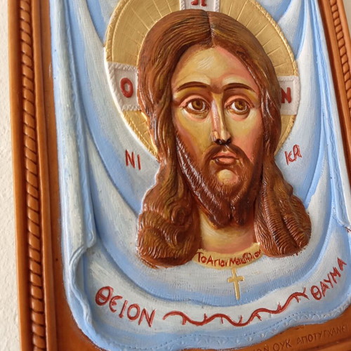 Jesus Holy Mandylion Painted Icon from Wax, Mastic and Incense New