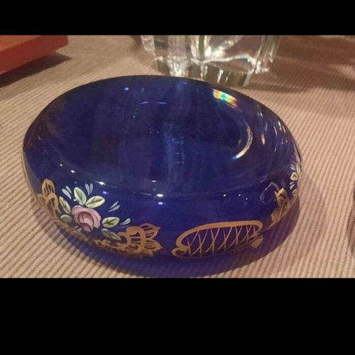 Bohemia glass ashtrays used, Czechoslovakia, cobalt color, hand-painted